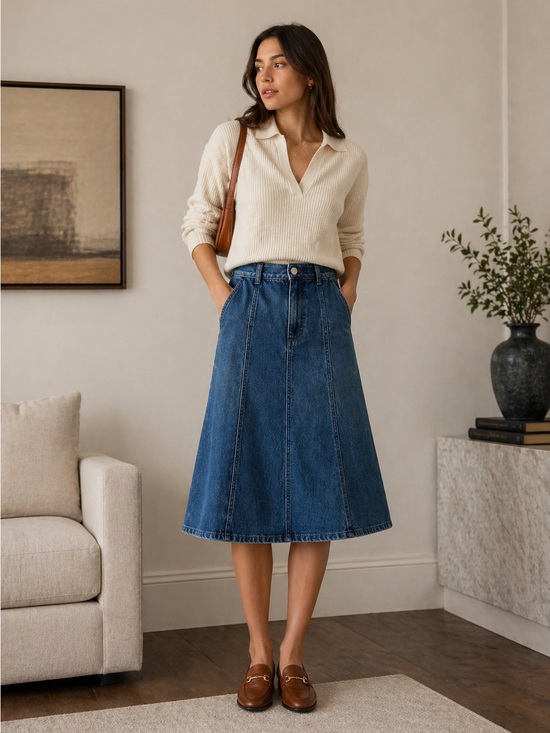Ralph Lauren Dresses & Skirts - Vintage Ralph Lauren Denim A-Line Midi Skirt Paneled Cotton Prairie Luxury 14 L